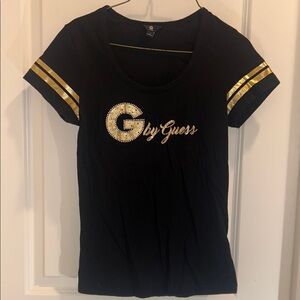 Guess Black Short-Sleeve Tee with Gold Logo and Sleeve Stripes